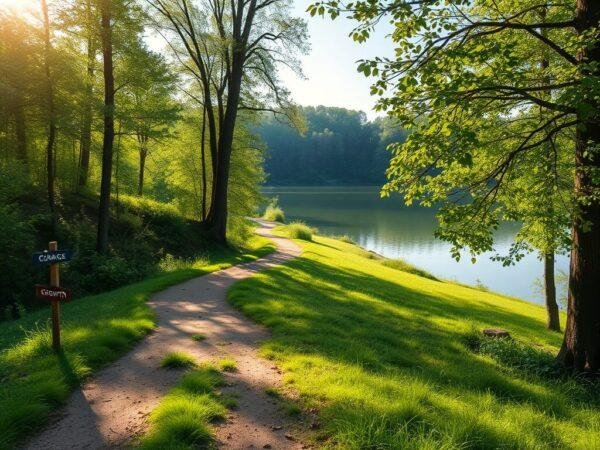 Path: The dirt path is the most prominent feature in the foreground, curving gently into the distance. It suggests a journey, exploration, or a contemplative walk.