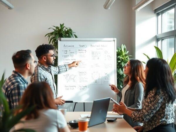 a man pointing at a whiteboard with people around it