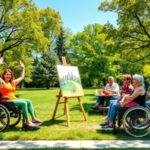 a woman in wheelchairs raising her hand in a park