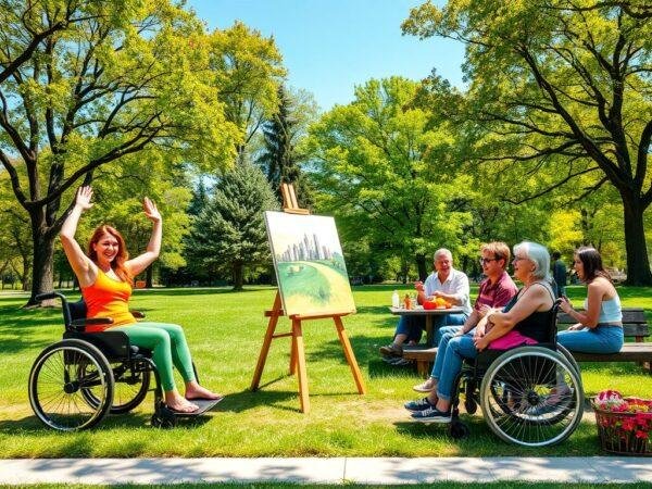 a woman in wheelchairs raising her hand in a park